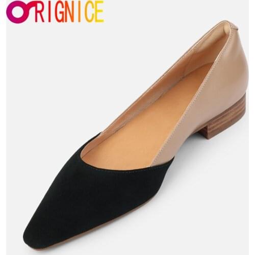 Orignice Spring Autumn High Quality Leather Suede Patchwork Pumps Pointed Toe Mixed Colors Thick Heel Concise Party Shoes