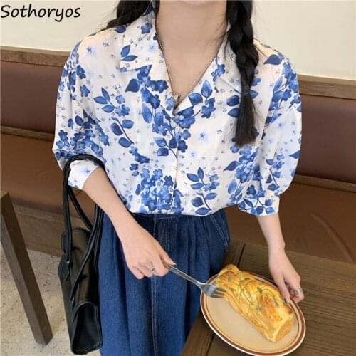 Women Floral Shirts French Style Retro Stylish Casual Sweet Puff Sleeve All-match Harajuku Streetwear Blouses Temperament Tender
