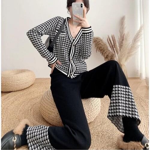 Runway Vintage Plaid V-neck Knitted Cardigan Tops+Elastic Waist Pants 2-Piece Set Women Autumn New Knit Tracksuit Trousers Suits