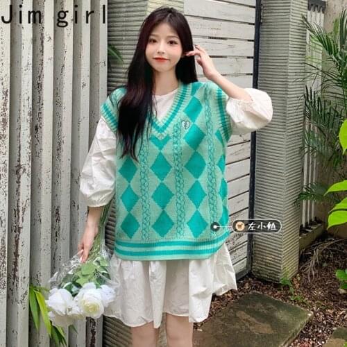 Preppy V Neck Knitted Vest Women Vintage V-neck Embroidery Sweaters Waistcoat Korean Fashion Casual Loose Sleeveless Pullover