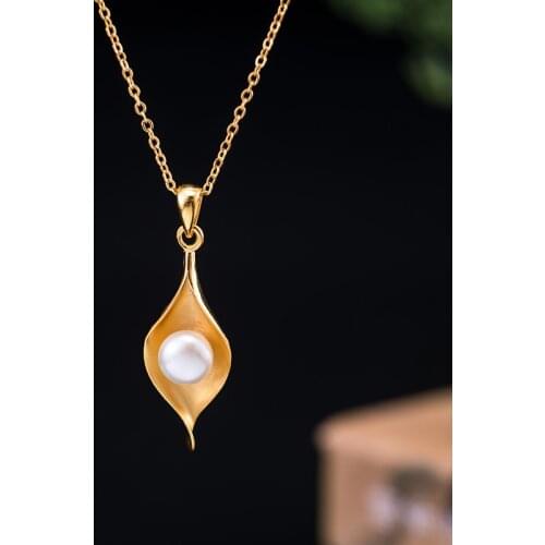 Real 925 Sterling Silver 18k Gold Freshwater Pearls Leaf Dew Pendant Necklace For Women Exquisite Necklace Anniversary Gifts