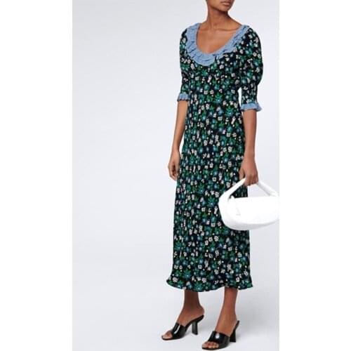 2021 New Women Vintage Floral Print Midi Dress Frill Trim Square Collar Half Sleeve Ladies Fashion Long Dresses Robe