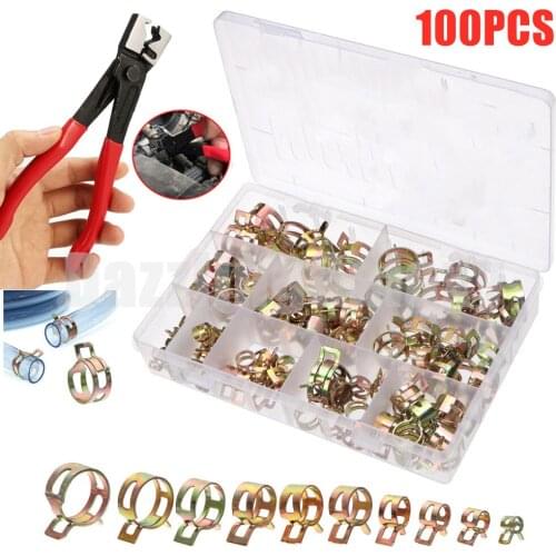 100PCS 6-22mm Spring Clip Fuel Hose Clamp Zinc Plated Hose Fuel Line Clamp + Hose Plier Kit Using for Boats Motorcycles