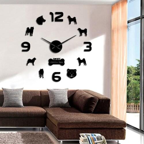 Akita Lnu Art Stickers DIY Giant Wall Clock Family Home Lovely Pet Frameless Silent Bedroom Wall Watch Nice Gift For Dog Lovers