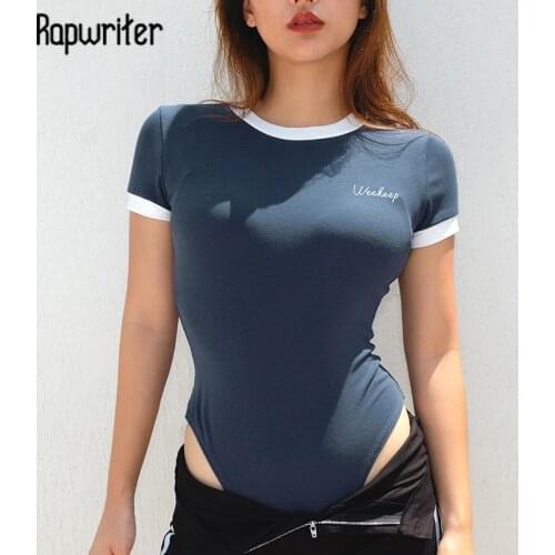 Rapwriter Panelled Letter Embroidery Summer Bodysuit Women 2020 Stretch Slim O-Neck Short Sleeve Open Crotch Sexy Body Mujer