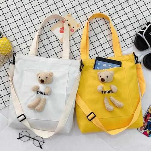 Women Big Canvas Shopping Bag Cute Bear Ins Extra Large Books Tote Reusable Grocery Bag Eco Shopper Shoulder Bags For Ladies