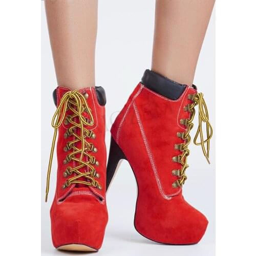 LAIGZEM Faux Suede Platform Boots Fashion Closed Toe Lace Up Stiletto Heel Booties Ladies Shoes Botines Mujer Large Size 34-52