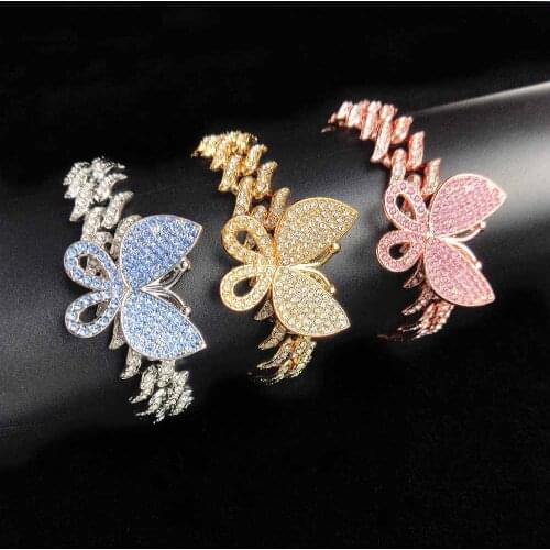 Hip Hop Bling Iced Out 2 Row Cz Cuban Chain Bracelet Men Women thorns Cubra Stone Butterfly Charm Bracelets 20mm