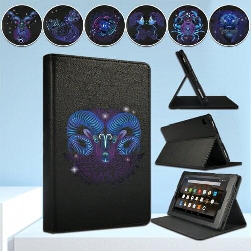 For Amazon Fire HD 8 (6th/7th/8th) /HD10 (5/7/9th Gen)/Fire 7(5th/7th/9th) Front Bracket Tablet Case Zodiac Pattern Print Series