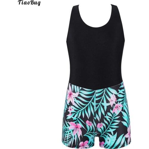 TiaoBug Kids Girls Sport Jumpsuit Round Neck Sleeveless Racer Back Cut Out Back Print Short Bodysuit For Swimming Yoga Gym Dance