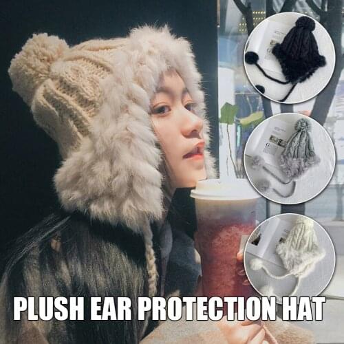 Women Girl Knitted Beanies Hat With Pom Pom Ball Thick Winter Warm Rabbit Fur Knitted Hat Earflap Skullies Bonnet Snow Skiing