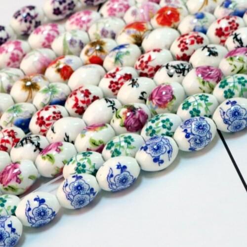 10pcs/lot 11x15mm Oval Shape Ceramic Beads Porcelain Beads Straight Hole Flower Loose Spacer Beads Handmade DIY Jewelry Making