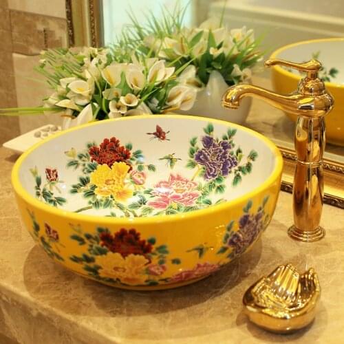 China Artistic Handmade wash basin bowl Ceramic Lavobo Round Countertop Bathroom Sink Peony painting yellow and white