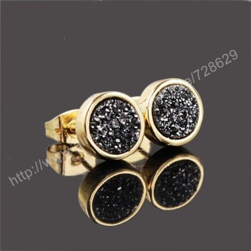 BOROSA 5Pair/lot 8mm Round Natural Crystal Druzy Stud Earrings Gold Color Black Druzy Stone Earrings gift for Women G0198-black
