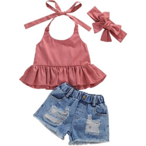 New Girl’s Summer Halter Suits Sleeveless Top +Ripped Jeans +Headband Outfit for Little Girl