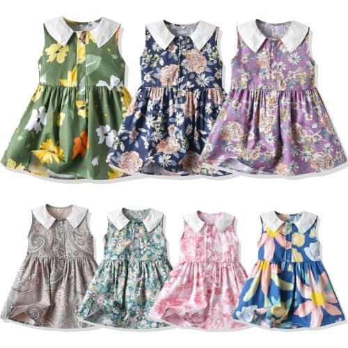 New Kids Short Sleeve Dresses Girls Flower Printed Princess Dress Summer Children Clothing 2 3 4 5 6 7 Years Girl Elegant Outfit