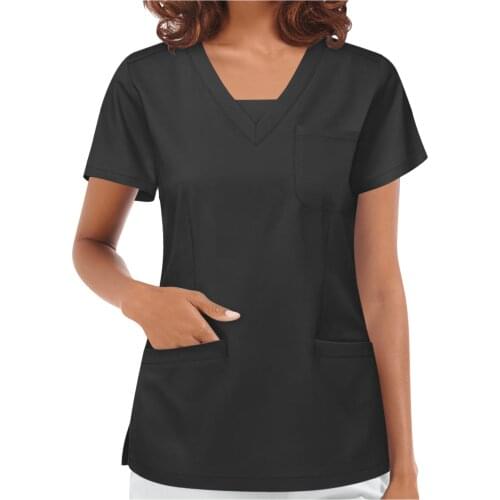 Solid Color V-neck Uniform Nurse Woman Short Sleeve Pocket Care Workers Tops Blouses Enfermeria Accesorios Working Clothes