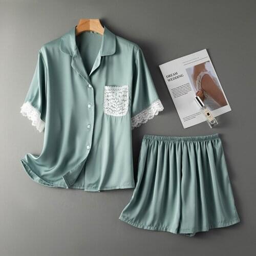 Satin 2PCS Sleep Suit Summer Short Sleeve Shorts Women Pajamas Casual Ice Silk Sleepwear Lace Trim Nightwear Loose Homewear