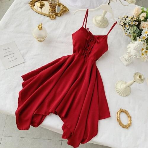 Summer Dress Women Sexy V Neck Spaghetti Strap Short Dresses Ladies Elegant Irregular Hem Bandage Dress Vestidos Mujer