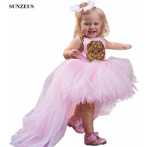 Short Front Long Back Pink Flower Girls Dresses High Low Tulle Kids Party Gowns With Gold Flowers Birthday Dress FLG005