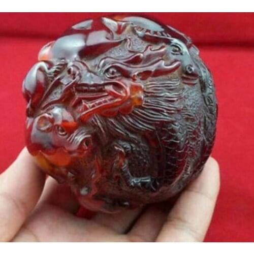Rare Collection Chinese Handwork Amber Carving Dragon Tiger 12 Zodiac Animals Statue Fitness Ball