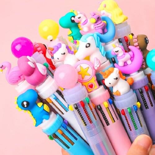 10 In 1 Multicolor Ballpoint Pens Cute Cartoon Animal Unicorn Ten Colors Ball Pen School Office Stationery Supplies Girl Gift
