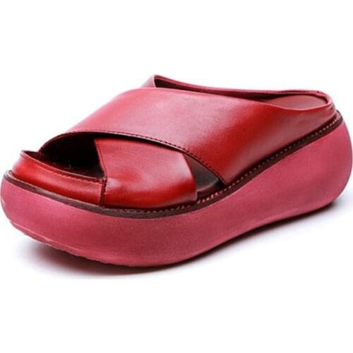 Womens Platform Slippers Summer Shoes 2019 Genuine Leather Retro Ladies Shoes Mother Handmade Summer Slippers For Woman Shoe