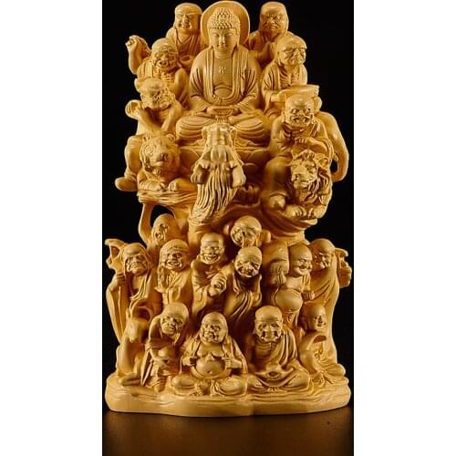XS263-16 CM Hand Carved Boxwood Carving Eighteen Arhats Figurine Buddha shui Statue-Home Decor Collection Ornaments