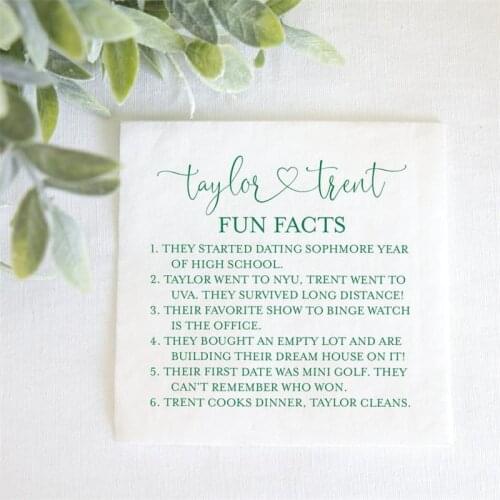 Custom Wedding Bar Napkins Fun Fact Wedding Napkins, Bridal Shower Napkins, Rehearsal Dinner Napkins, Engagement Party Napkins