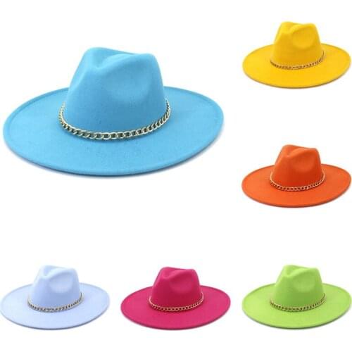 Colorful Metal chain Big Brim Fedora Hats Casual Men Women Fashion Felt Hat white red pink Panama Trilby Formal Party Cap