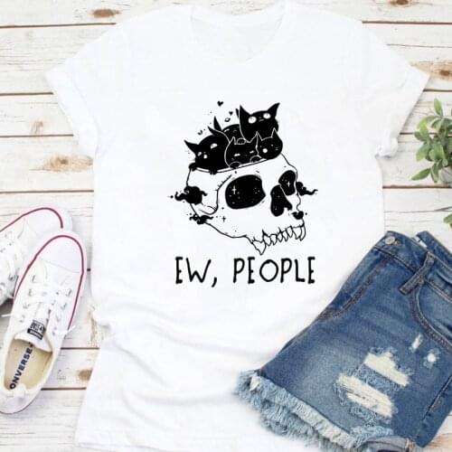 Ew People Cat And Skull T-shirt Aesthetic Cat Mom Halloween Gift Tshirt Sarcastic Women Short Sleeve Introvert Goth Tops Tees