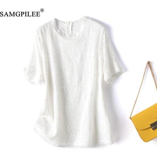 Tshirts Summer 2021 New Fashion Lace Crocheted Korean Clothes O Neck White Short Sleeves Plus Size Women Vintage T Shirt 6XL