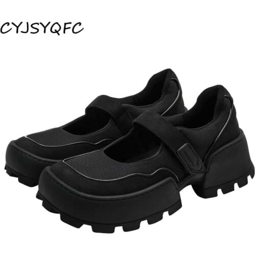 CYJSYQFC Japanese Harajuku Style Velcro Wedge Platform Women Sneakers Square Toe Black Beige Thick Bottom Lady Vulcanize Shoes