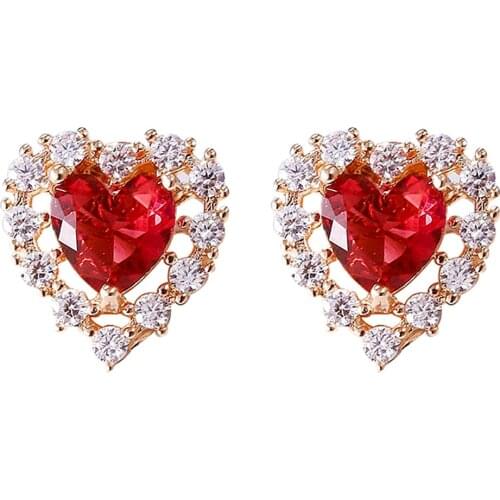 Small heart ruby gemstones red crystal stud earrings for women zircon diamonds Rose gold color pendientes jewelry bijoux gifts