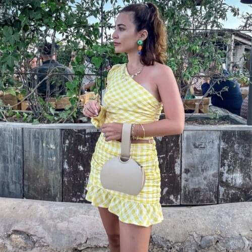 Woman Sweet Yellow Slim Plaid Mini Skirt Suit 2021 Summer Casual Female One Shoulder Blouse Suits Ladies Beach 2 Pcs Sets