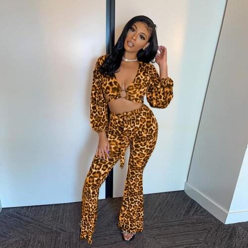 2021 Summer Fashion Womens Casual Trend Sexy Urban Style Leopard Print Two-Piece Suit V Neck Hollow