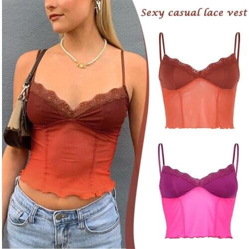 Women Ladies Sexys Casual Lace Sling See-Through V-Neck Pleated Vest For 2021fashion Style TT@88