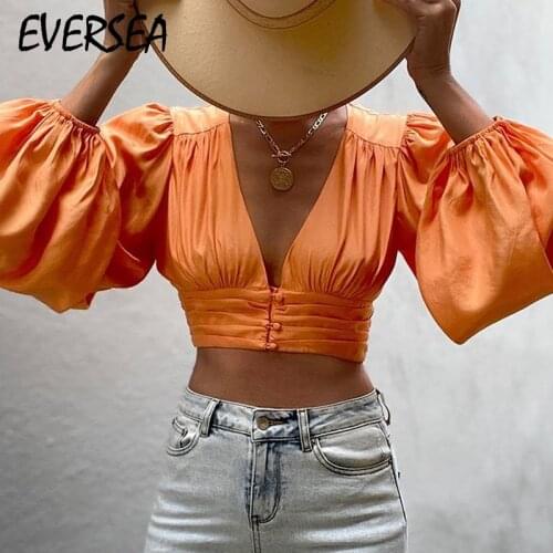 Eversea Autumn Long Lantern Lush Sleeve Crop Tops Women V-Collar Ruffle Women Elegant Basic Style Blouse