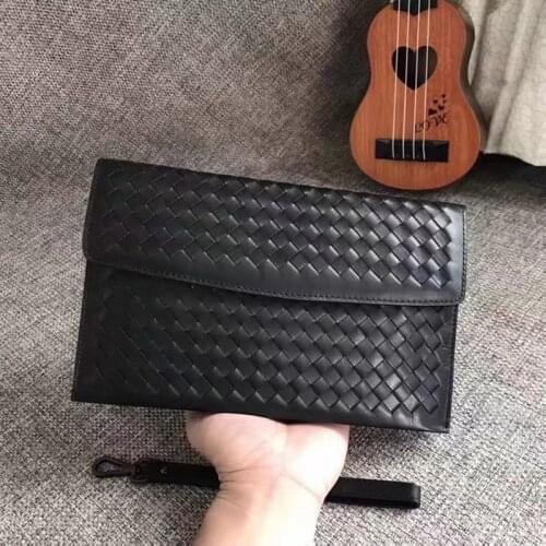 100% Cowhide Leather Handbag Mens Woven Briefcase Fashion Brand Wrist Bag Large Capacity Simple Envelope Bag Soft Luxury Wallet