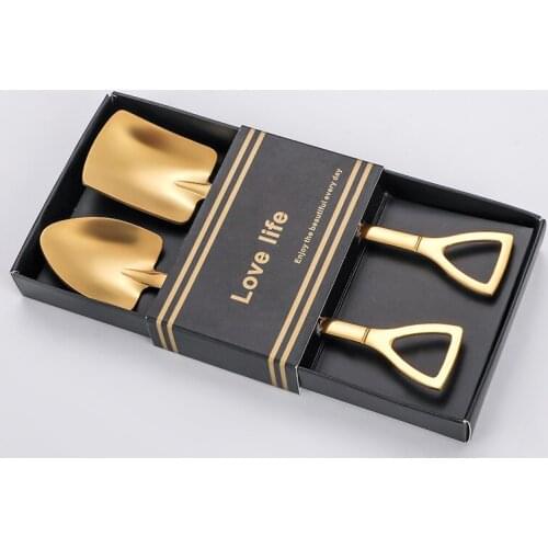 2PCS/set Stainless Steel Iron Shovel Spoon Coffee Ice Cream Spoon Engineering Shovel Retro Cute Square Head Spoon Kitchen Gadget