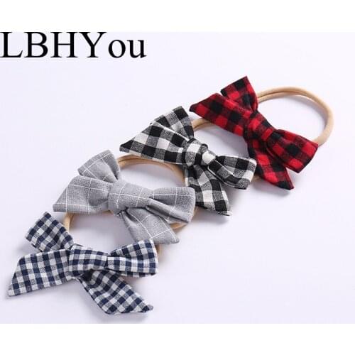 4pcs/lot Plaid Cotton Linen Bows Nylon Headbands,2019 Cute Bowknot Elastic Headbands Soft Head Wraps Newborn Baby Hair Accessory