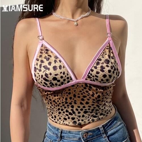 IAMSURE Leopard Print Satin Camisole Top Sexy Ribbons Bandage Tie Back Crop Tops Deep V-Neck Tank Top Women 2021 Night Club Wear