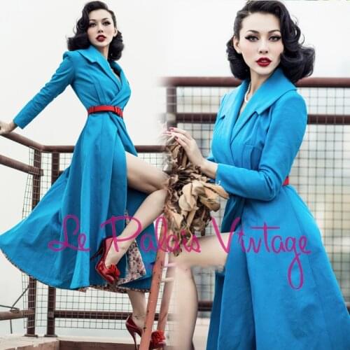 FREE SHIPPING Le palais vintage limited edition high quality navy blue slim big skirt lengthen trench