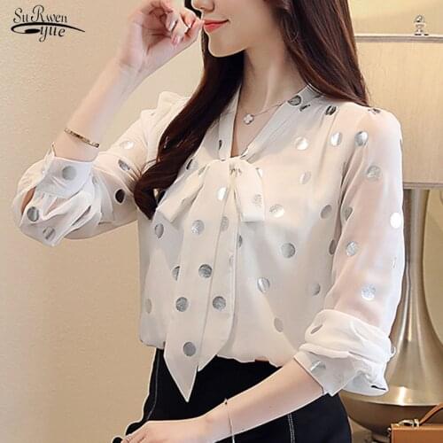 Blusas Femininas Blouse Women 2021 Spring White Long Sleeve Shirts for Women Tops Bow Chiffon Blouse Polka Dot V-Neck 7960 50