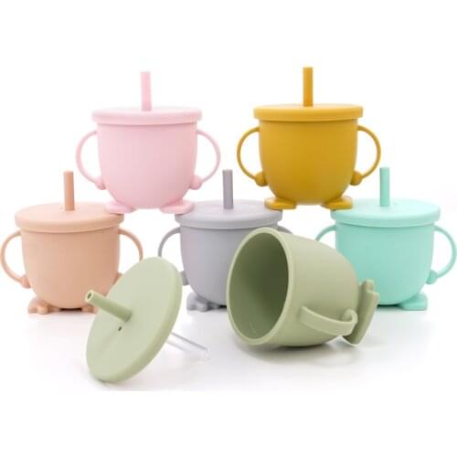 Cartoon Pure Color Kids Silicone Drinking Cup With Straw Lid 100% Food Grade Silicone Childrens Travel Drinking Water Copa