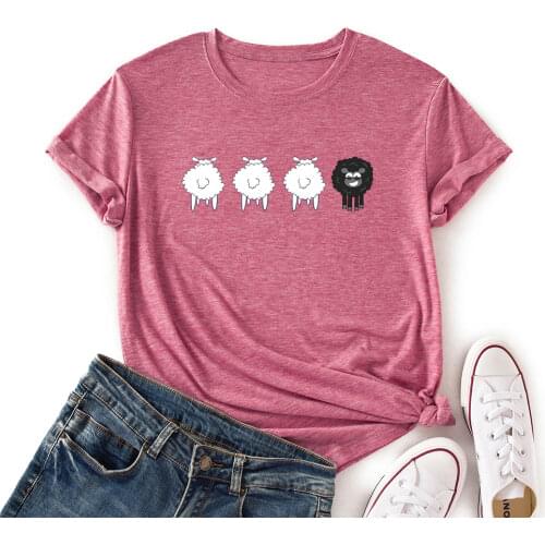 Woman Short Sleeve Colored Graphic Tees Summer T-Shirt Female Tops Shirts for Women Black White Sheep Animal Farm Top