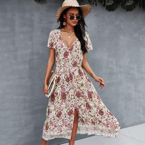 Summer V-neck Sexy Floral Women Short Sleeve Dress Bohemian Casual Fashion Beach Dress Long Dress -40