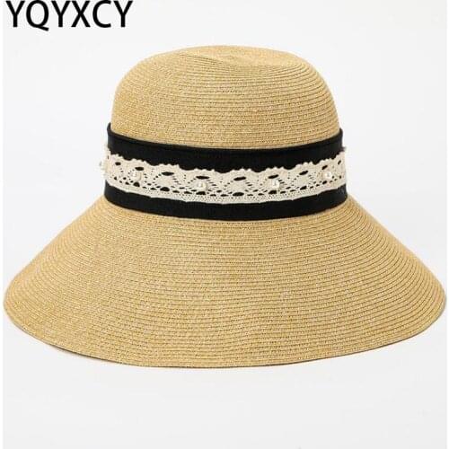 YQYXCY Summer Hat Women Straw Sun Protection Fisherman Cap Beach Hat Female Sunshade Traveling Lace Pearl Beads Gorro Sunhat New