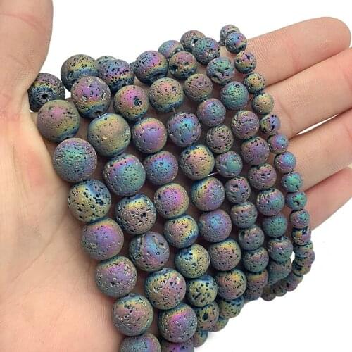 MKTREG Natural Multicoloure plating Lava Stone 4/6/8/10/12MM Round Loose beads handmade Jewelry bracelets Making DIY Accessories