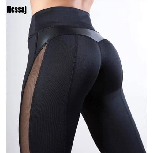 Nessaj Solid Women Color Leggings Sexy Side Mesh PU Leather Patchwork Fitness Leggings Activewear High Waist Workout Leggings